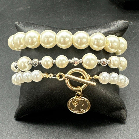 Faux Pearl Costume Jewelry Lot Statement Necklaces Coin Charm Bracelet Tie