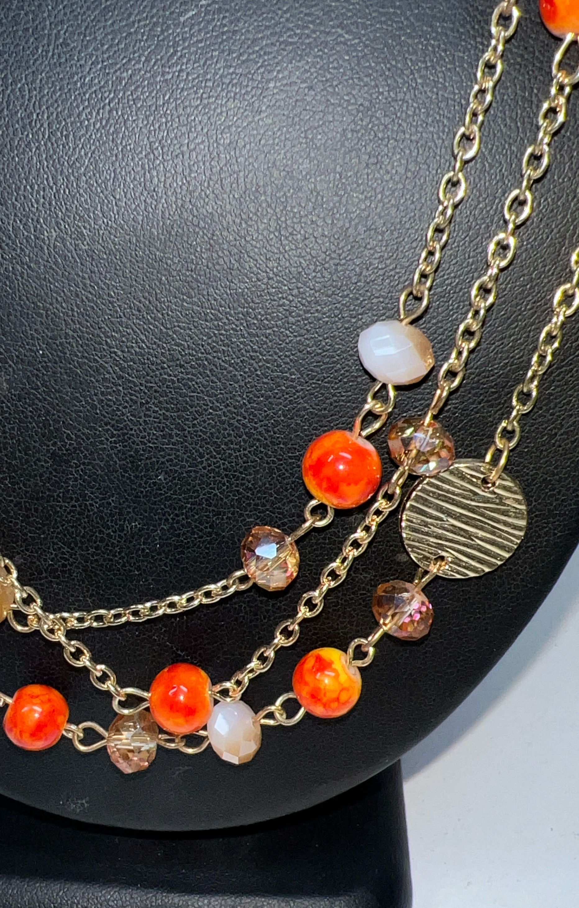 Orange Multifaceted Beaded Gold Tone Necklace