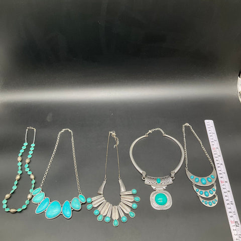 Southwestern Style Faux Turquoise Silver Tone Necklace Jewelry Lot of 5