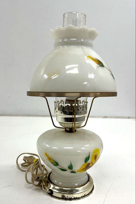 Vintage Milk Glass Parlor Lamp Hand Painted Yellow Rose Floral Table Light 70s