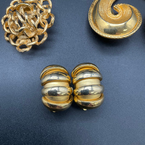Vintage Gold Tone Clip On Earrings Lot 5 Pairs Chunky 1980s Retro Fashion