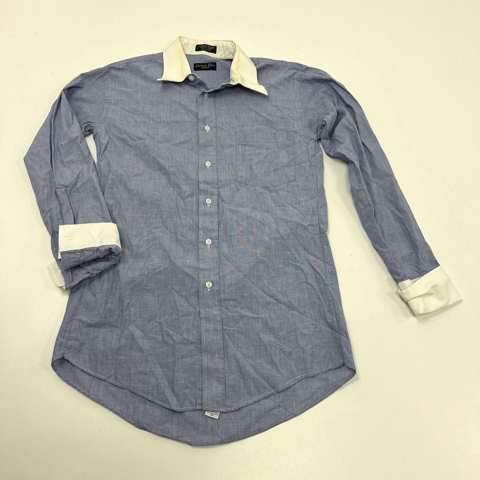 Vintage 80s Christian Dior Monsieur Banker Collar French Cuff Dress Shirt USA