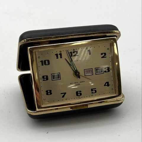 Sloan Folding Travel Alarm Clock Brass Day Date Japan Mid Century