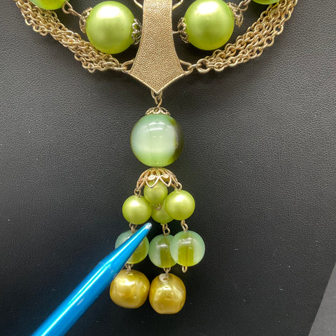Vintage Gold Tone Multi Strand Green Bead Tassel Necklace Mid Century Style