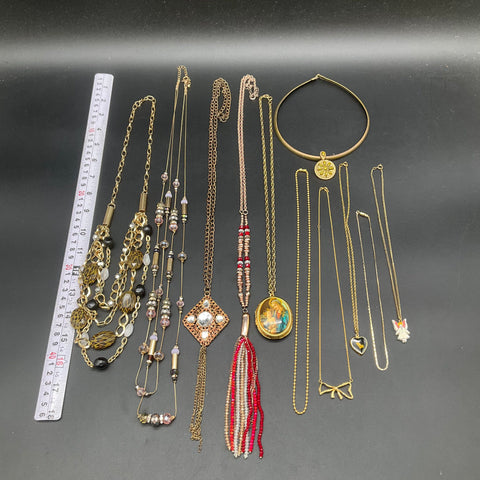 Vintage Costume Jewelry Lot of 11 Necklaces Gold Tone Beaded Tassel Locket