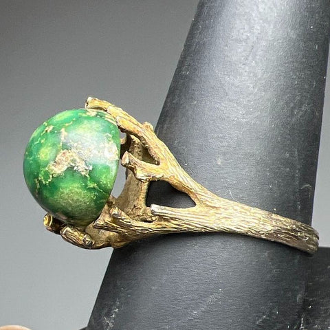 14K Yellow Gold Branches Setting Green Stone Ring Size 10 5.58g