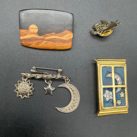 Vintage Costume Jewelry Lot of 8 Brooches Cats Celestial Moon Stars Wood Art