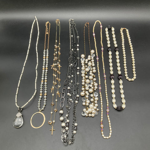 Vintage to Modern Costume Jewelry Necklace Lot 0.8 Lbs Pearl & Gold Tone Styles