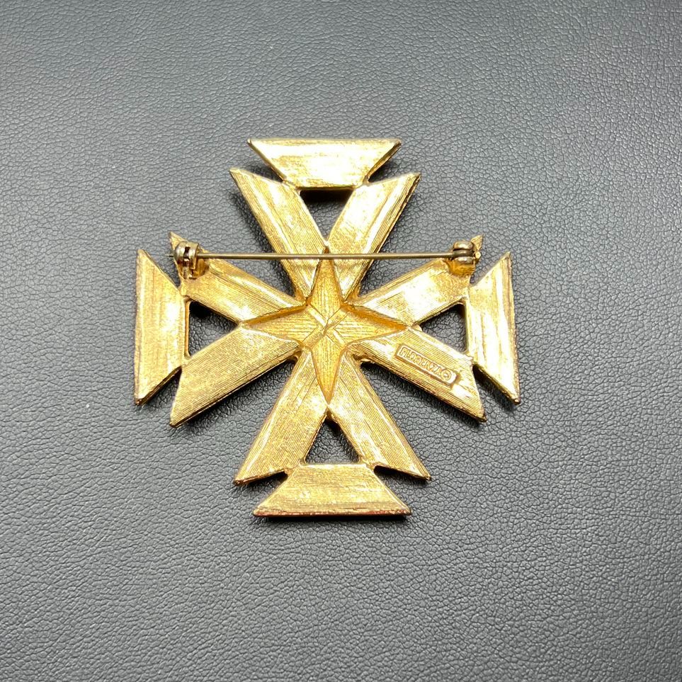 Florenza Red & Blue Enameled Maltese Cross Brooch