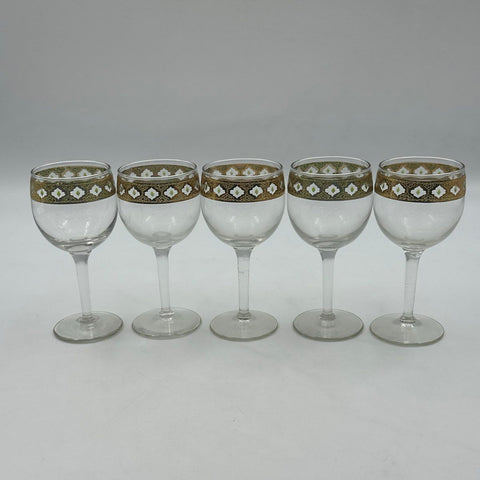 Vintage Mid-Century Gold Encrusted Wine Glasses 5 Piece Lot Geometric Pattern