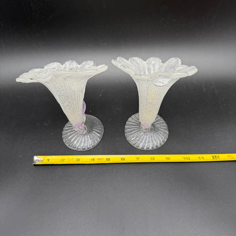 Antique Art Glass Vase Set of 2 Crackle Ice Texture Purple Leaf Accent C.1900