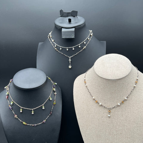 Lot of 4 Sterling Silver 925 Beaded Pearl Gemstone Chain Necklaces