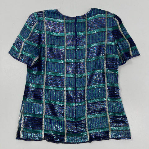 Vintage 90s Leslie Fay Women's Blue Silk Sequin Beaded Striped Evening Top Sz XL