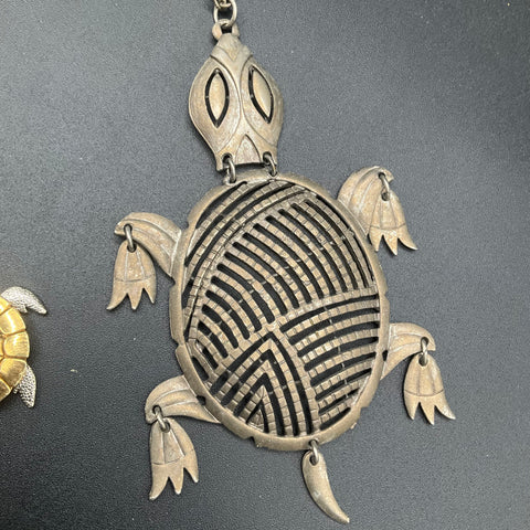 Vintage Articulated Turtle Pendant Necklaces Lot of 2 Silver and Gold Tone