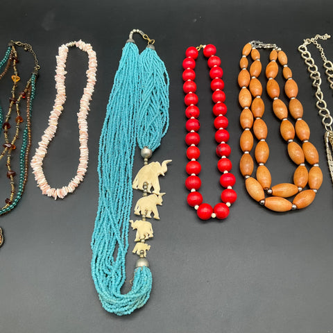 Vintage to Modern Costume Jewelry Lot 7 Necklaces Beaded Statement Shell Chain