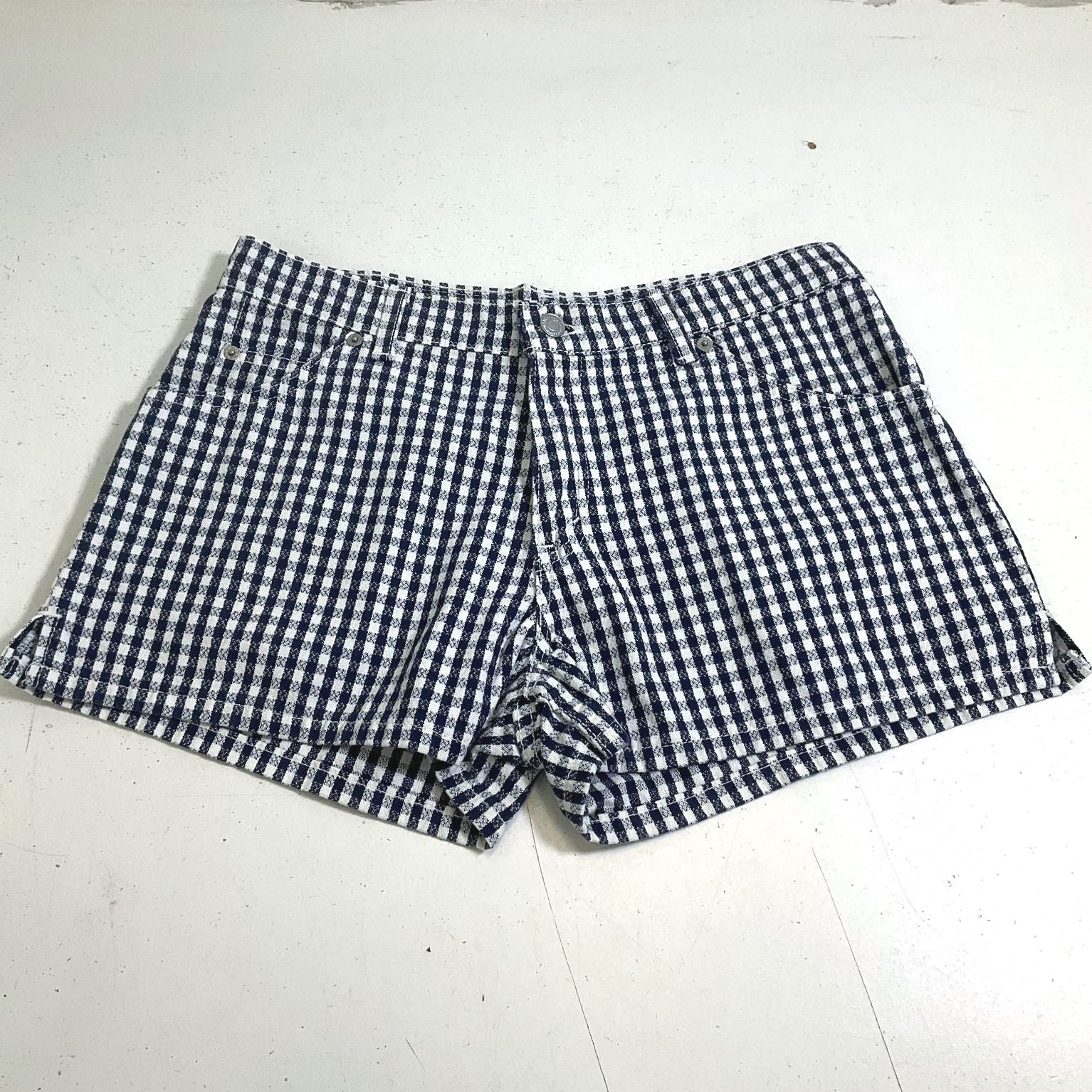Vintage 90s Levi's 912 Navy White Gingham Check High Rise Shorts Women's 11 Jr
