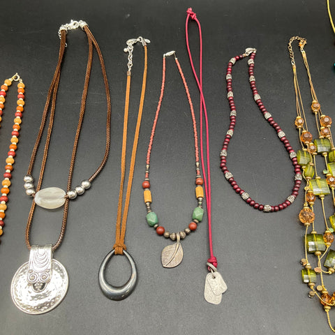 Mixed Costume Jewelry Necklace Lot 10 Pc Boho Beaded Earthy Silver Gold Tone
