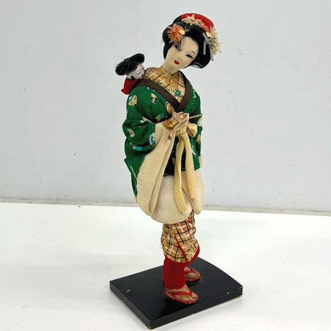 Vintage Mid-Century Japanese Geisha Doll Figure Gofun Face Kimono Wood Base