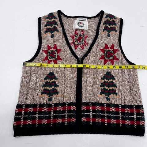 Christopher & Banks Women's Christmas Sweater Vest Tan Hand Embroidered Zip Up