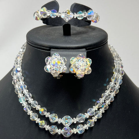 Vintage Aurora Borealis Crystal Jewelry Set 3 Pc Necklace Bracelet Earrings