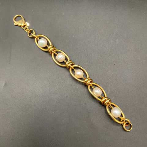 Honora Gold Tone Bronze Cultured Pearl Oval Link Bracelet Italy 8"