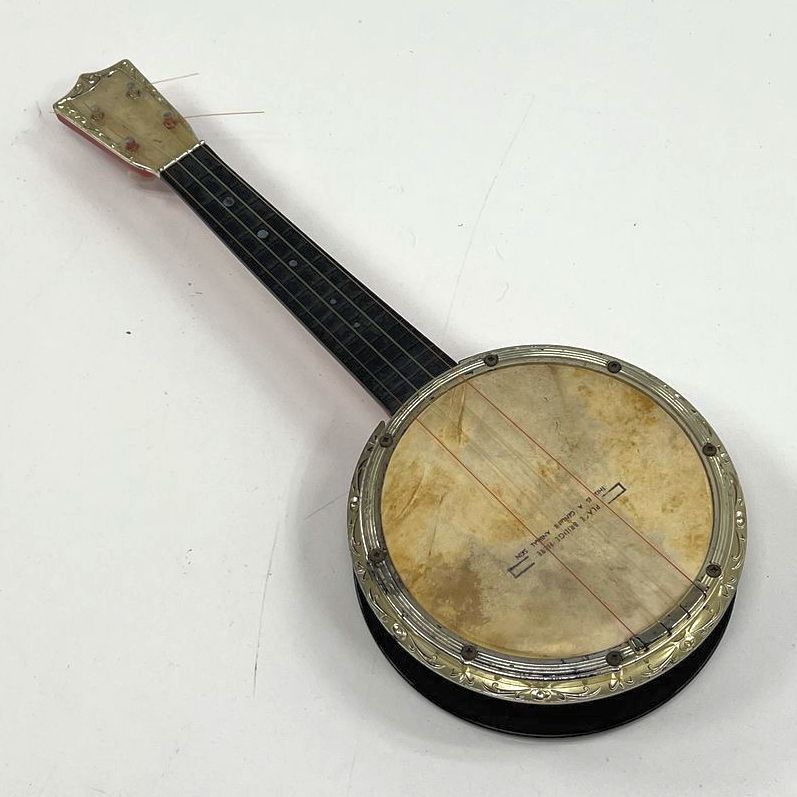 VTG Children's Emenee Musical Toy Golden Banjo Genuine Animal Hide Nylon Strings