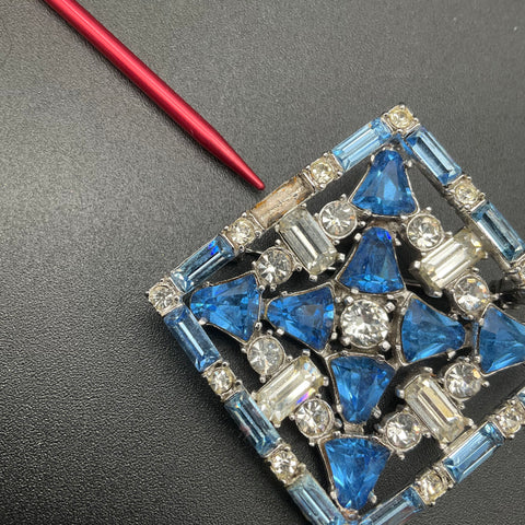 Vintage Bellini Silver Tone Blue Clear Rhinestone Geometric Lozenge Brooch 2"