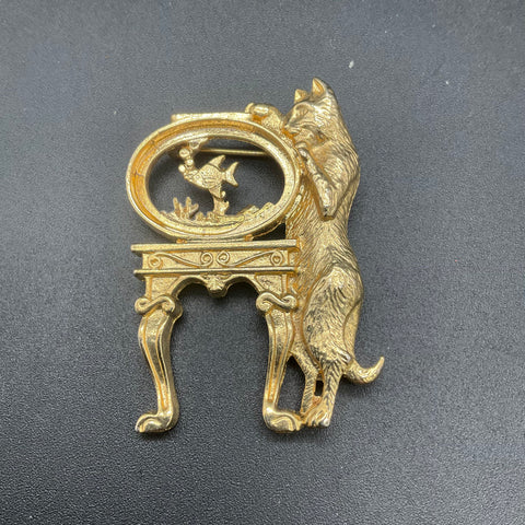 Vintage Gold Tone Cat Brooches Lot of 2 Feline Garden and Fence Designs