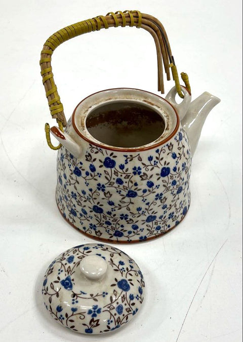 Ceramic Teapot Blue Floral Vine Pattern with Lid & Rattan Handle
