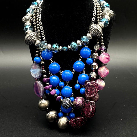 Boho Chunky Beaded Statement Jewelry Lot Multi-Strand Blue Teal Purple