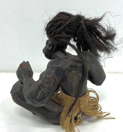 Vintage Barefoot Hand Carved Wood Tribal Figure Sculpture Seated 12" Folk Art