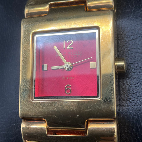 Joan Rivers Classics Gold Tone Red Plaid Cuff Bracelet Watch New Battery