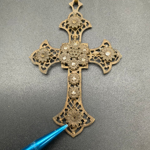 Antique Style Filigree Cross Pendant Necklace Paste Stone As-Is Repair 24"