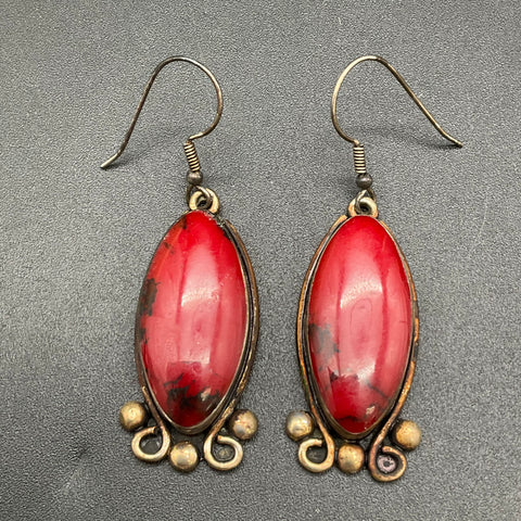 Vintage Mexican Style Silver Tone Red Cabochon Pendant & Earrings Jewelry Set