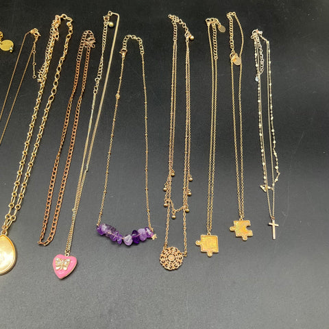 Vintage & Modern Gold Tone Costume Jewelry Lot 15 Necklaces Purple Stone Heart