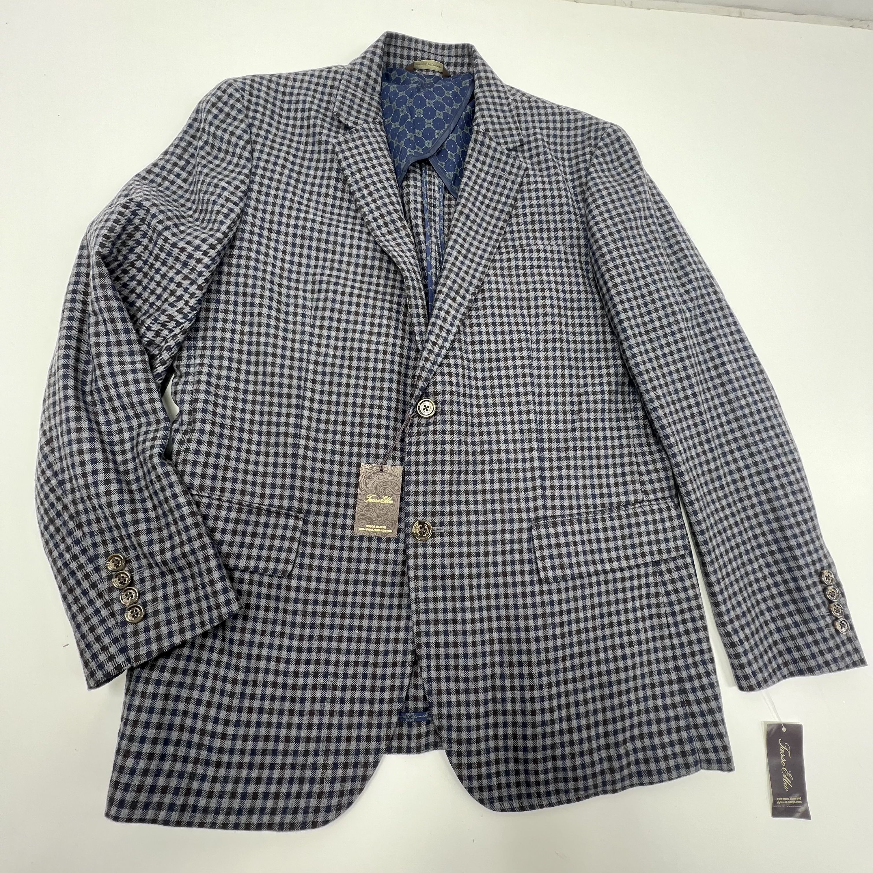 NWT Tasso Elba Blue Grey Combo Plaid Sportcoat Wool Blend Men's Large $200