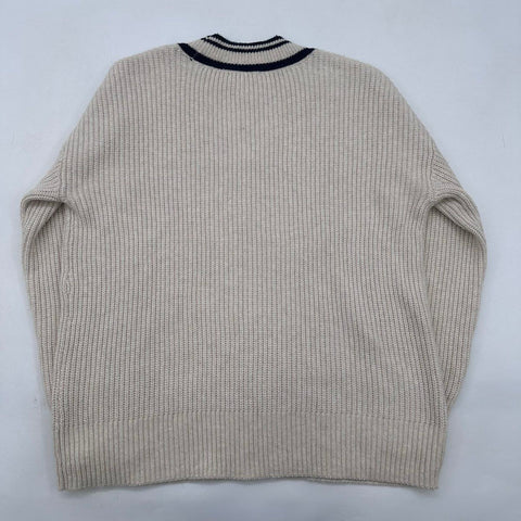 On 34th Women's Sweater Cream Navy Ribbed V-Neck Varsity Stripe Pointelle Sz M