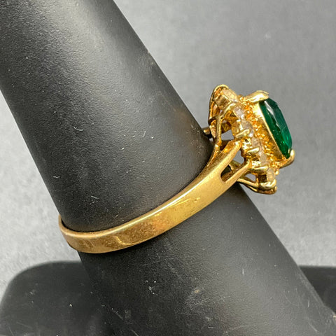 Vintage Uncas 18K GE Faux Emerald Glass Marquise Halo Ring Size 8 Costume