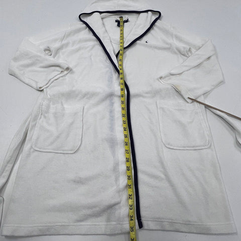 Ralph Lauren Women's White Hooded Cotton Blend Belted Robe Navy Trim Sz XS/S