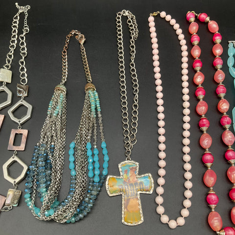 Fashion Costume Jewelry Necklace Lot of 9 Beaded Statement Multi-Strand Cross