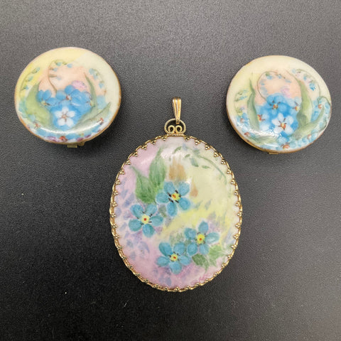 Vintage Hand Painted Porcelain Forget Me Not Floral Pendant & Clip-On Earrings