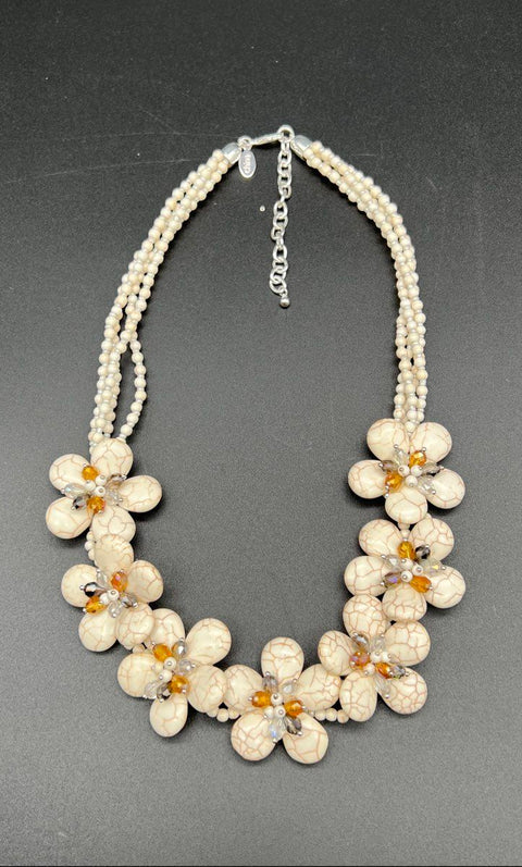 Vintage Joan Rivers Faux Howlite Crystal Flower Statement Necklace Signed