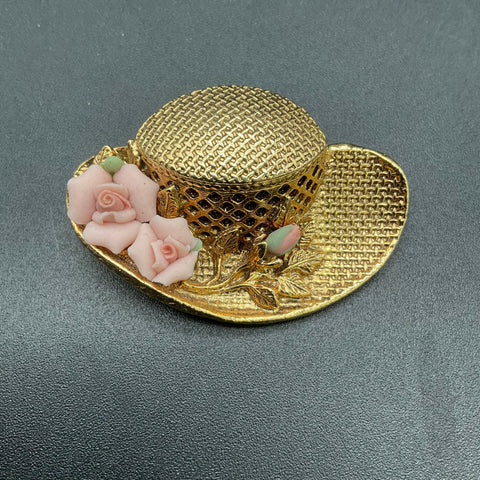 Vintage 1928 Jewelry Co Gold Tone Hat Brooch Pink Porcelain Roses Victorian