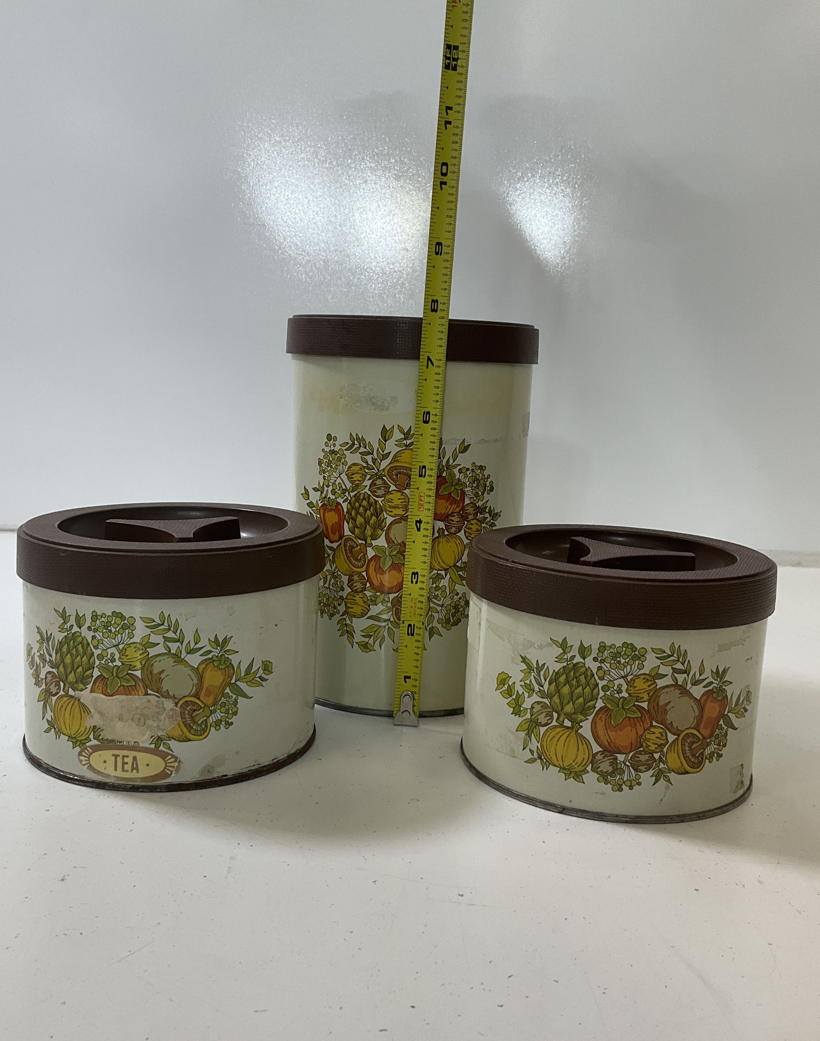 3 Vintage 1970s Ballonoff Veggie Spice O' Life Tin Metal Canister Set & Lids