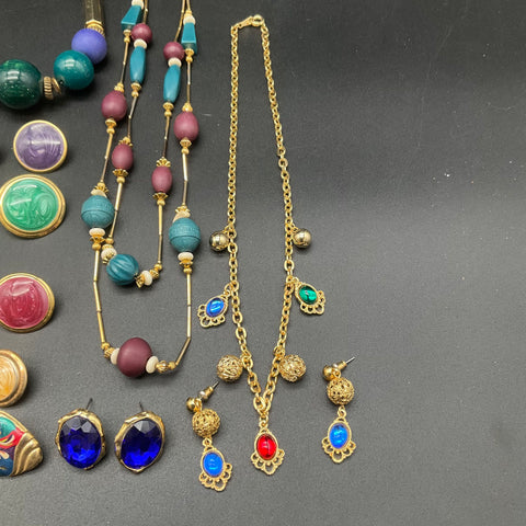Vintage 1980s Jewel Tones Gold Tone Jewelry Lot 14pc Necklaces Earrings Lucite