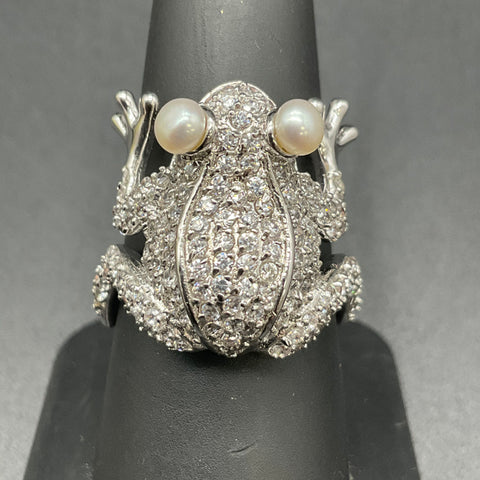 Vintage Silver Tone Crystal Pearl Eye Frog Statement Ring Size 8