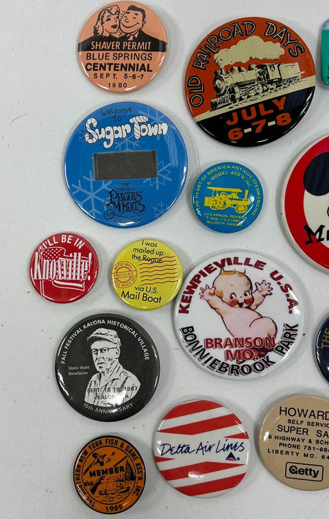 Vintage Pinback Button Lot of 24 Mickey Mouse Kentucky Derby Delta Kewpie Pins