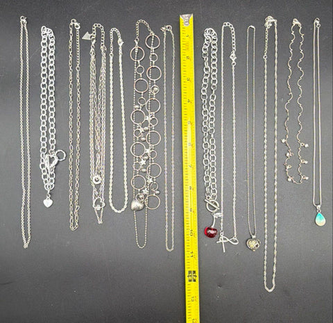 Mixed Costume Jewelry Lot 12 Silver Tone Necklaces Heart Cherry Pendants