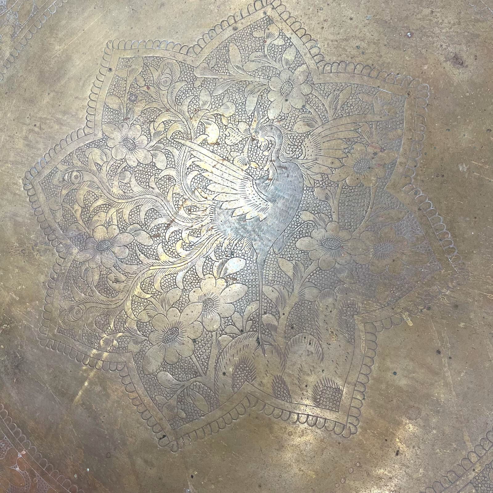 Vintage Large Brass Moroccan Indian Style Tray Table Top Embossed Floral 35.5"