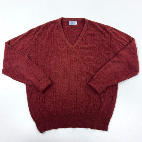 Vintage 80s Izod Lacoste Men's Burgundy V-Neck Cable Knit Orlon Sweater Size L